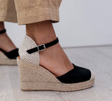 Gimena Knitted Toe Black High Wedge Strap