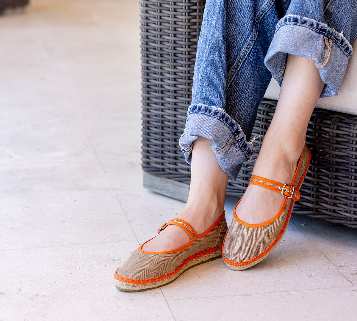 Espadrille Mary Jane Herringbone Oat/Orange