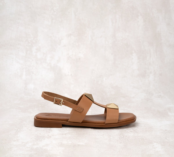 Valeria Bronce Two Strap Stud Camel Sandal