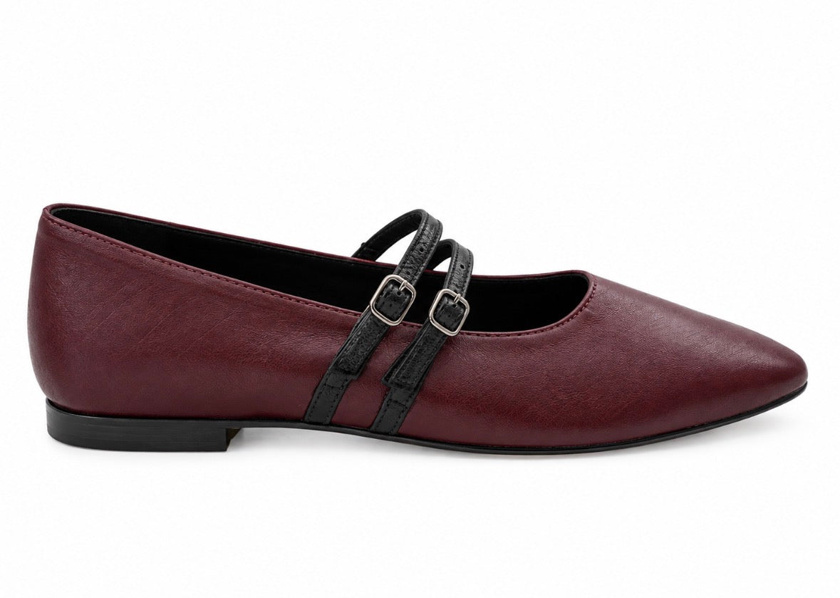 Amelie Double Strap Burgundy Leather With Black