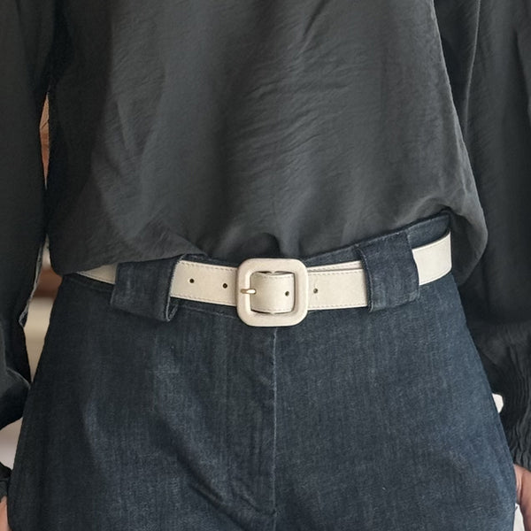 Leather Belt With Lined Buckle Ivory