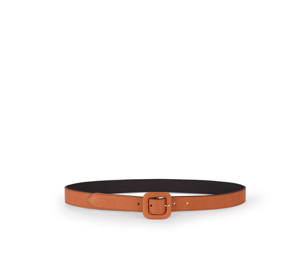 Leather Belt With Lined Buckle Camel