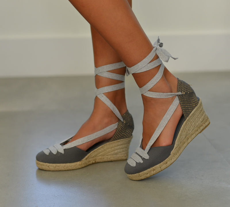Gimena Pewter Top Laces High Wedge Espadrille