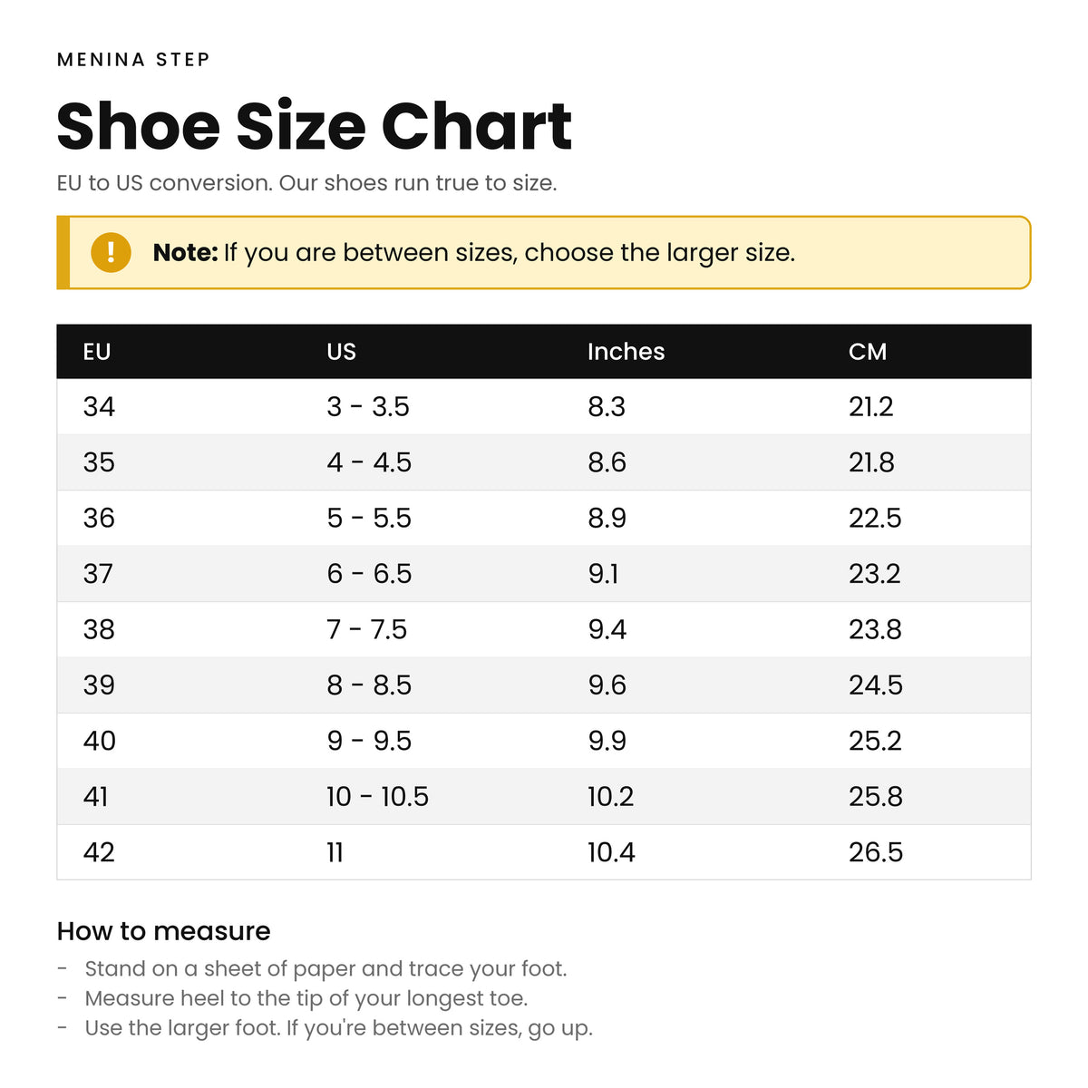Menina Step shoe size chart - EU to US conversion