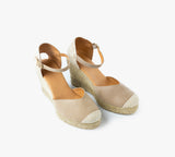 Gimena Knitted Toe Taupe High Wedge Strap