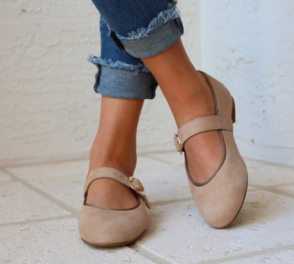 Mary Jane Beige Suede Gold Buckle