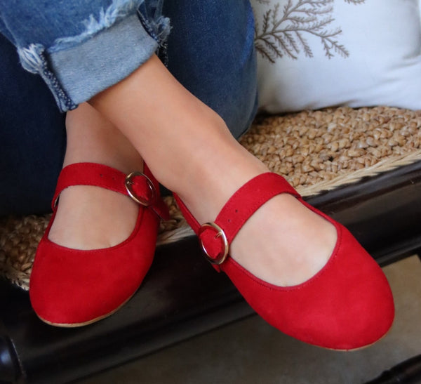 Mary Jane Red Suede Gold Buckle