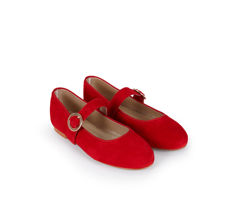 Mary Jane Red Suede Gold Buckle